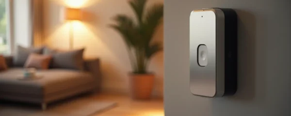 Vue en grand-angle d'un système de sécurité intégré dans un foyer moderne, montrant une sirène intelligente, des détecteurs de mouvement discrets et une caméra connectée intégrée dans l'architecture de la maison