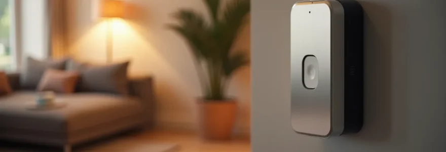 Vue en grand-angle d'un système de sécurité intégré dans un foyer moderne, montrant une sirène intelligente, des détecteurs de mouvement discrets et une caméra connectée intégrée dans l'architecture de la maison