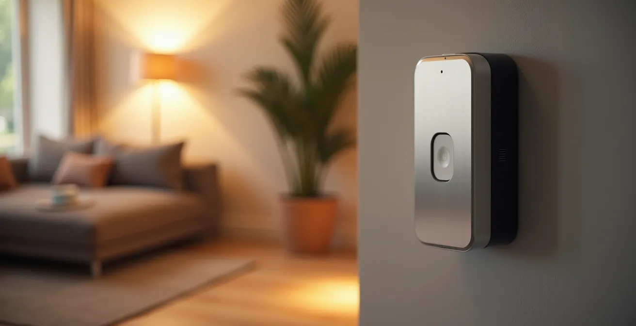 Vue en grand-angle d'un système de sécurité intégré dans un foyer moderne, montrant une sirène intelligente, des détecteurs de mouvement discrets et une caméra connectée intégrée dans l'architecture de la maison