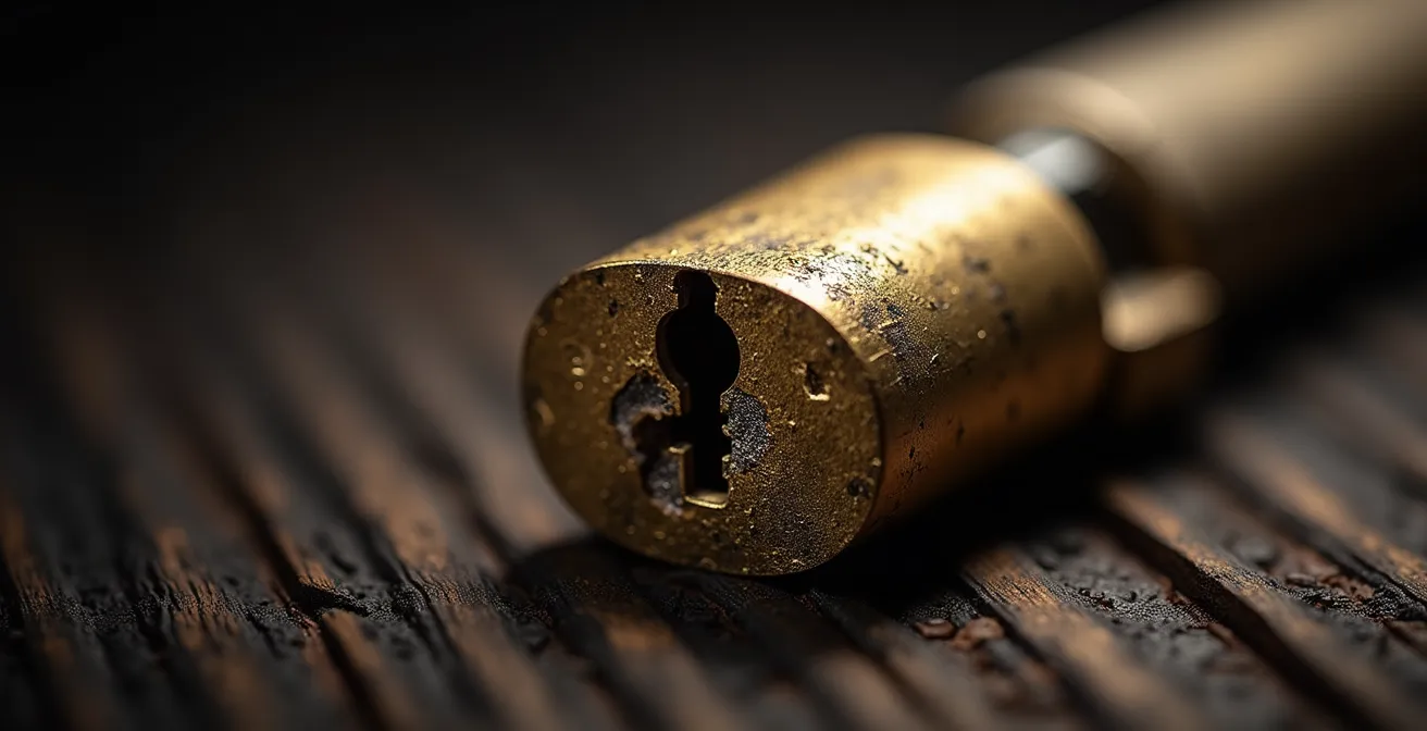 Vue macro d'un cylindre de serrure après tentative d'arrachement