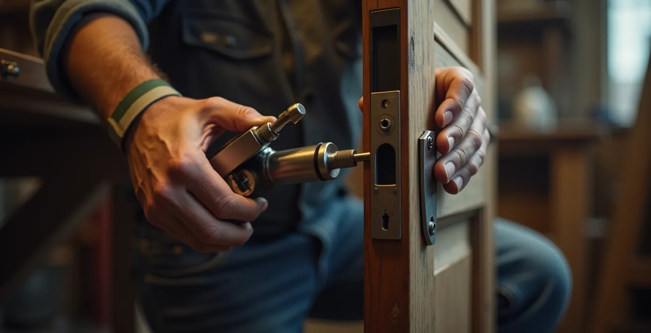 Mains d'expert vérifiant le serrage d'une poignée de porte
