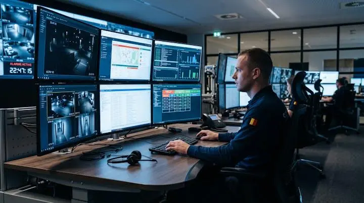 Centre de télésurveillance avec opérateur surveillant les écrans d'alarmes pour intervention rapide
