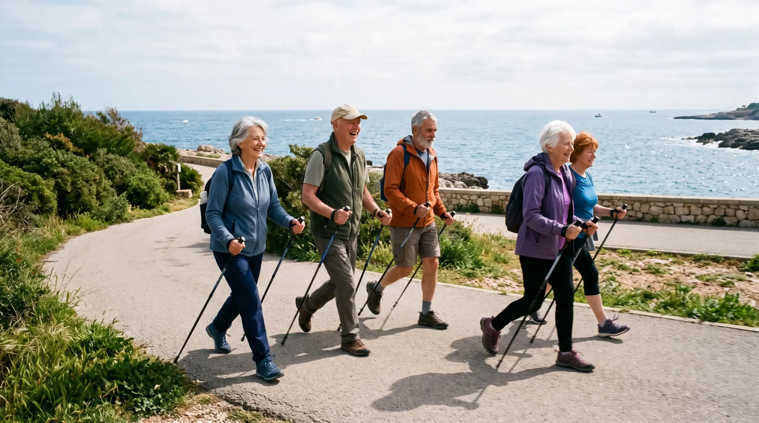 Un groupe de seniors pratique la marche nordique avec des bâtons sur une promenade en bord de mer.