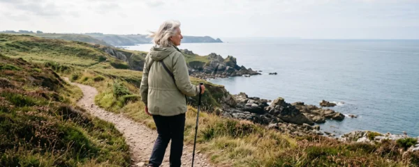 Une femme senior marche sur un sentier côtier breton face à l'océan, dans une lumière douce du matin.