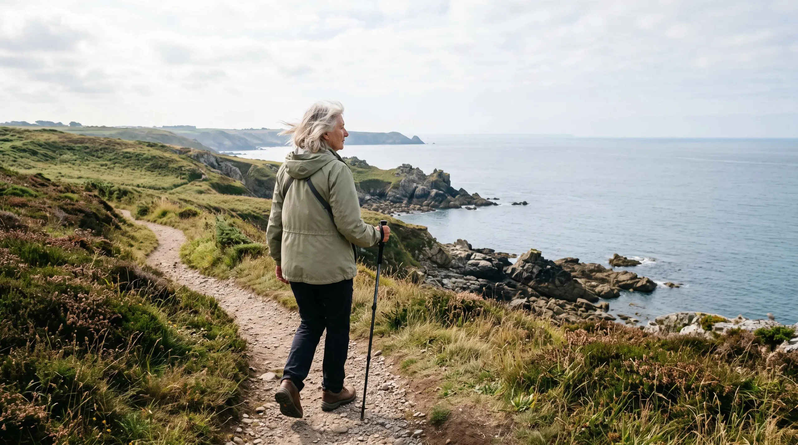 Une femme senior marche sur un sentier côtier breton face à l'océan, dans une lumière douce du matin.